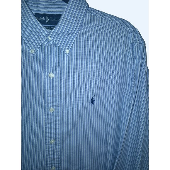 Ralph Lauren Blue Striped Custom Fit Button-Down Shirt Mens Large - Picture 2 of 7